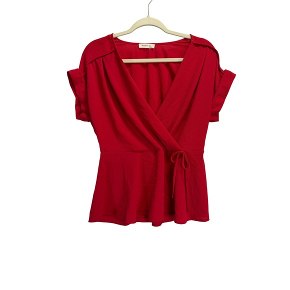 Monteau Tops - Monteau Los Angeles Womens Red Wrap Peplum Blouse Short Sleeve V-Neck Top